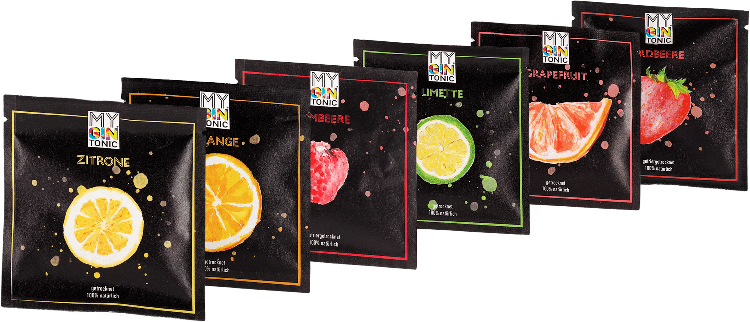 Handverpackte Botanicals: Zitrone, Orange, Himbeere, Limette, Grapefruit und Erdbeere.